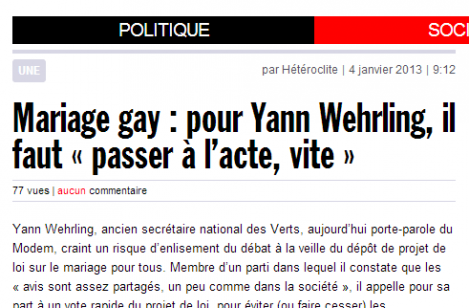 Mariage pour tous : pour Yann Wehrling, il faut « passer à l’acte,vite »